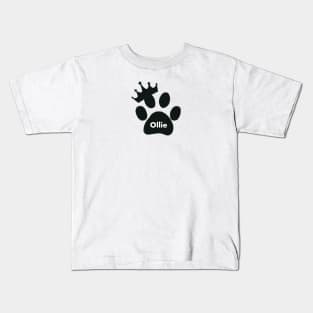 Ollie cat name made of hand drawn paw prints Kids T-Shirt